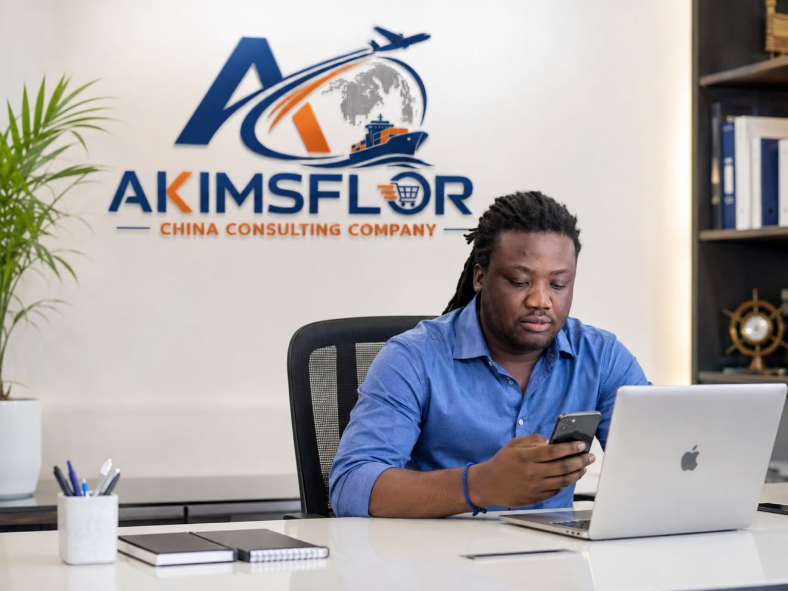 AKIMSFLOR office with a representative at a desk